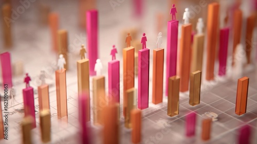 Sharp medium shot of animated infographic bars showing womens life expectancy outpacing mens by close to six years with blurred secondary elements emphasizing the gender divide.