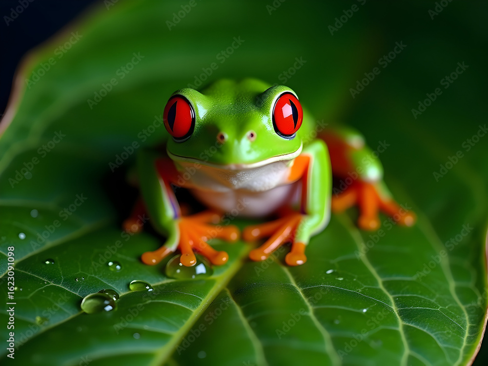 Obraz premium Captivating Close-Up of a Red-Eyed Tree Frog, Vibrant Colors and Intricate Details on Lush Green Leaf with Water Drops