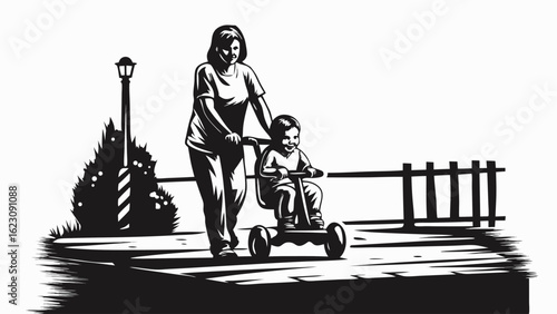 Illustration of a mother pushing her child on a tricycle in a park with a lamppost and fence silhouette