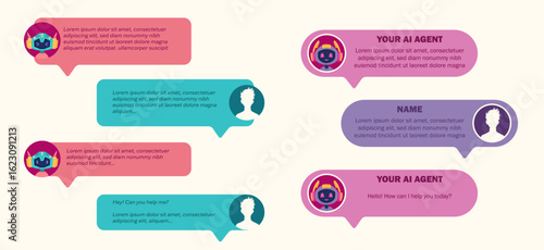 Users dialog with ai chatbot or ai agent. Characters chatting with robot, asking questions and receiving answers. AI assistant support and help. Flat cartoon vector illustration.