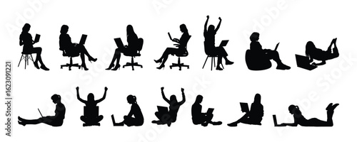Women working with laptop various positions black silhouettes set on white background.