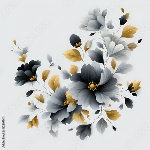 Elegant floral arrangement with gray black and gold flowers art illustration for backgrounds and designs featuring a sophisticated color palette and delicate details