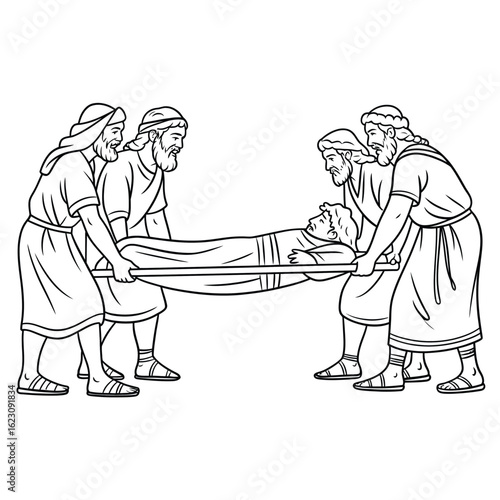 Biblical scene of men carrying a person on a stretcher