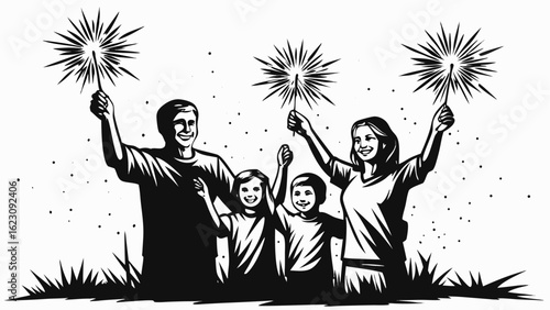 A family celebrates with sparklers in a black and white illustration style, with grass at the bottom silhouette