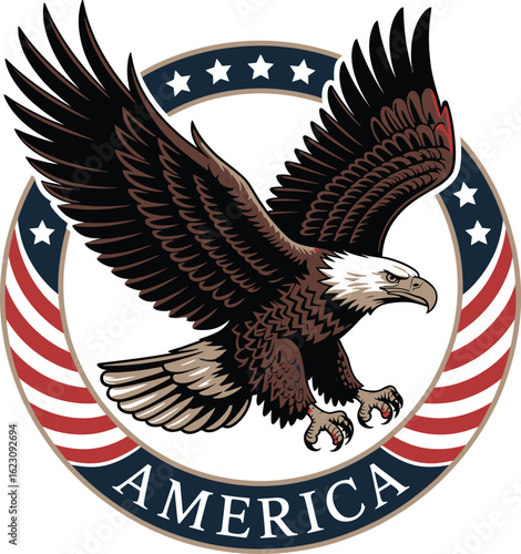 Majestic bald eagle spreading wings over american flag emblem
