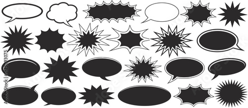 Comic Burst and Explosion Vector Set, Black Silhouette Elements Including Boom Effects and Speech Bubbles for Pop Art, Comic Design, and Retro Style Illustrations