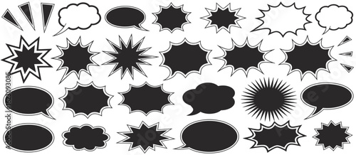 Comic Boom and Speech Bubble Silhouettes, Vector Collection of Explosions, Bursts, and Text Bubbles in Black for Vintage Comic Panels and Pop Art Graphics