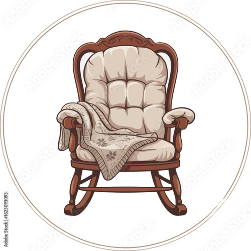 Vintage upholstered rocking chair with cozy blanket and intricate wooden frame