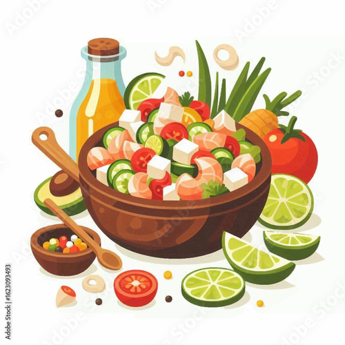 A vibrant illustration of a fresh shrimp salad in a wooden bowl with lime, tomato, cucumber, and cheese.