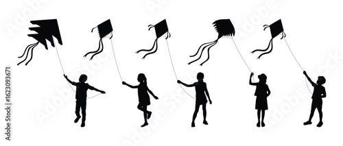 Children play and flying kite various poses outdoor activity vector silhouette set.