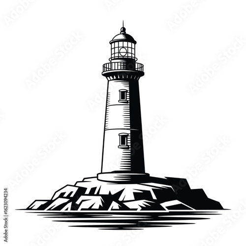 Classic lighthouse standing tall on rocky island over water