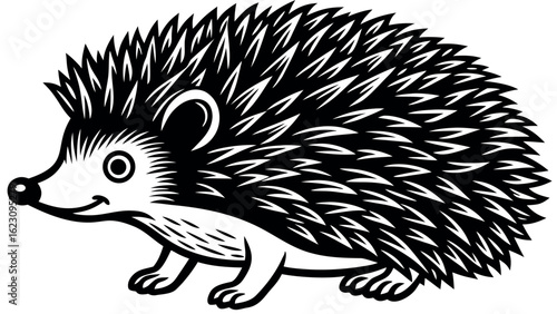 A charming black silhouette of a hedgehog with spiky details on a white background for wildlife and nature designs