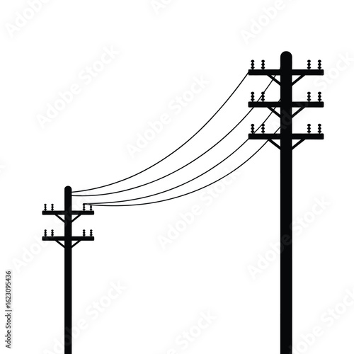 Two wooden utility poles with power lines against a white background