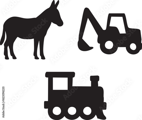 Silhouette icons of a donkey an excavator and a steam train on a white background