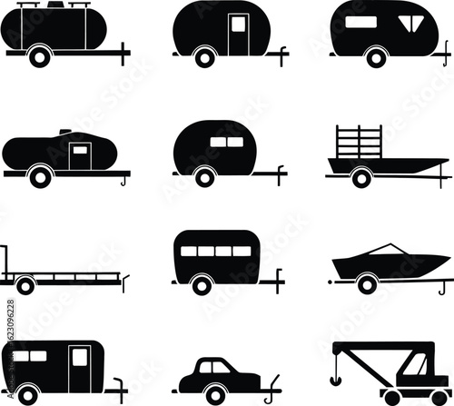 Trailer and Vehicle Silhouette Icon Set, Utility Transport, vector illustration