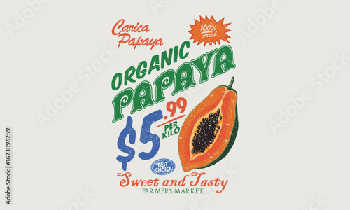 Local farmer markets. Summer tropical vibes art. Carica papaya fruit print. Nature fruit club print design. Watercolor fruit t shirt design. Sweet Papaya artwork.
