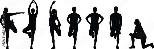 Diverse silhouette group stretching, fitness poses, workout exercise, flexibility training, healthy lifestyle, sports activity, physical wellness, gym movement, vector art