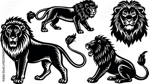 Dynamic lion poses showing sitting walking and jumping in a striking silhouette design