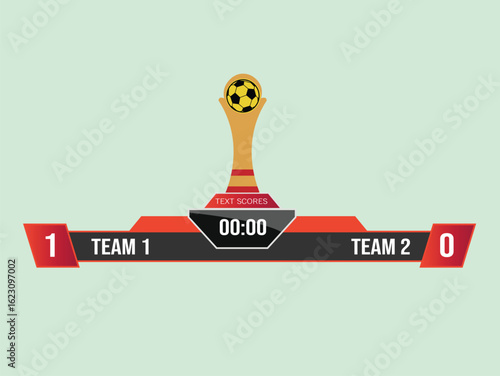 Digital soccer match scoreboard with a golden championship trophy. Vector graphic template for a football competition.