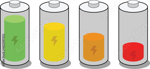 Set of battery indicator icons showing different power levels from full green to empty red, a colorful charge status illustration.
