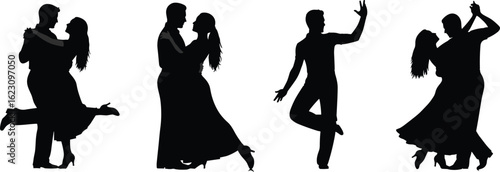 Elegant ballroom dance silhouettes, couples in romantic poses, graceful movement, black and white style, choreography concept, performing art inspiration
