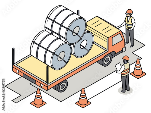Isometric cartoon illustration of logistics personnel checking steel coil security on a flatbed trailer in an industrial transport setting.