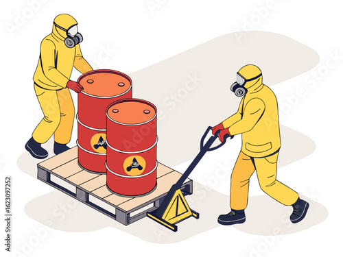 Workers in yellow hazmat suits handling hazardous waste with a handlift to move a chemical tank in an industry zone, isometric isolated illustration.