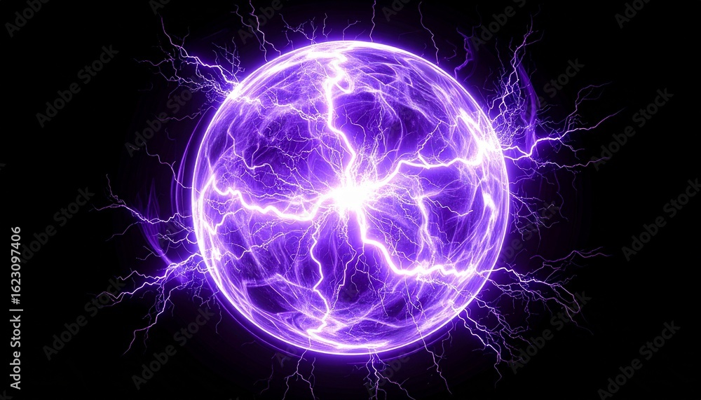 Fototapeta premium Purple plasma fireball hovering in black space, glowing with lightning-like energy spikes and subtle rotation