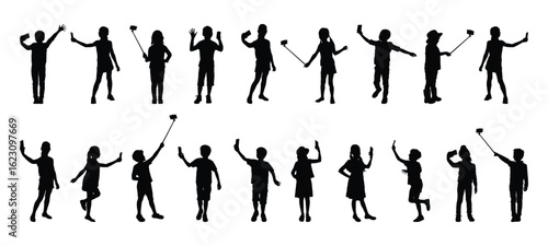 Children taking selfie with smartphone in various poses vector black silhouette set.