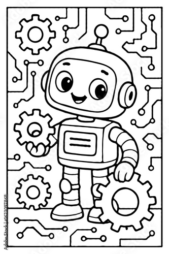 Cute cartoon robot holding gears, line art vector illustration for children's coloring book page.