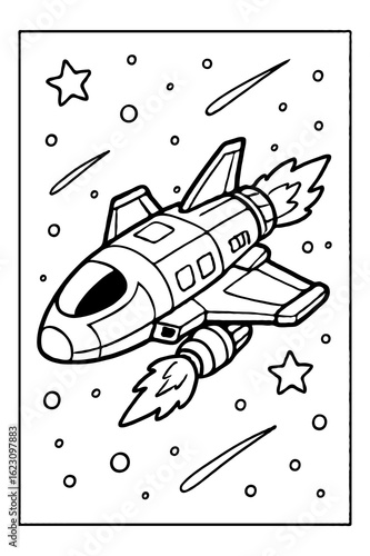 Cute cartoon spaceship flying in space, surrounded by stars, a coloring book page.
