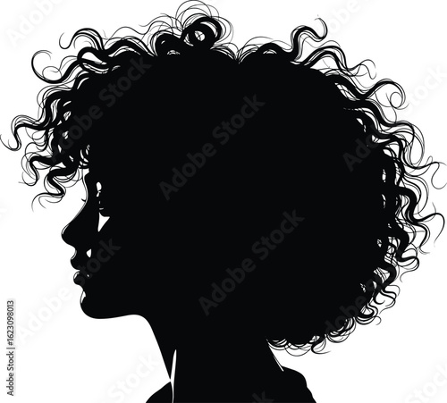 Elegant silhouette of curly haired woman, black and white vector illustration, isolated design for beauty, fashion, hairstyle, feminine artwork themes