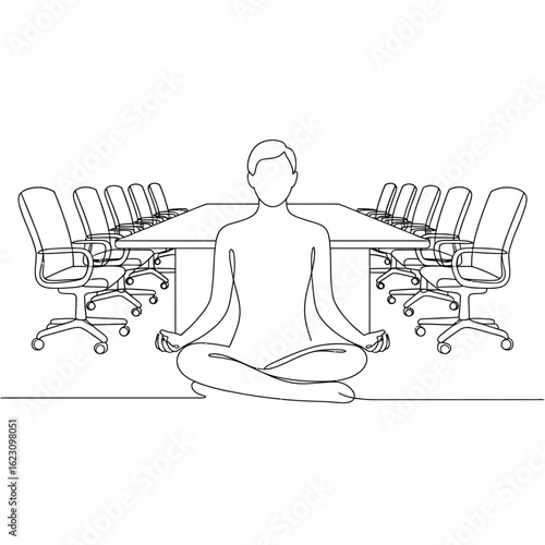 Business person meditating in lotus position at a conference table