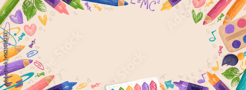 Colorful Back to school background with doodles drawn by colorful crayons. Childlike border frame with pencils and school supplies on paper. Vector illustration for certificate, diploma, poster