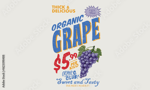 Local farmer markets. Grape fruit artwork. Fresh grapes fruit print. Nature watercolor design. Fresh food artwork for for t shirt. Always organic. Summer food poster design.
