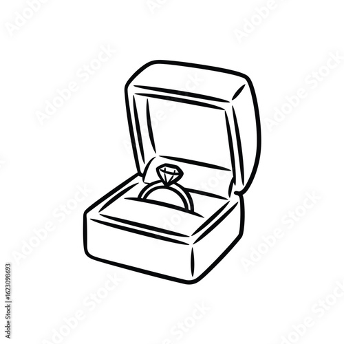 Hand drawn illustration of an engagement ring in an open box