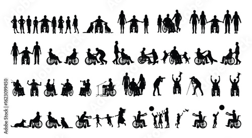 Sihouettes set of group of disabled person in wheelchair with different activities various poses graphic flat vector collection.
