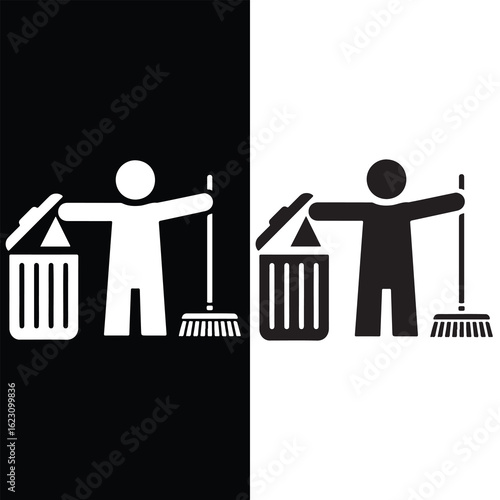 Sanitation Worker Icon – Black and White Contrast Vector