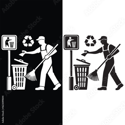 Street Cleaner Disposing Trash with Recycling Symbol - Vector Icon
