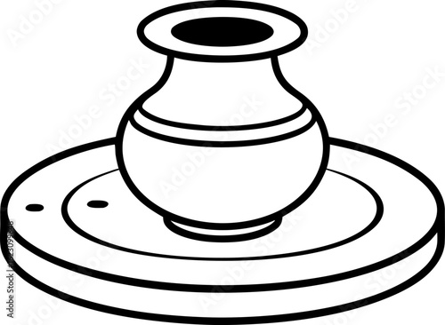 Pottery Wheel with Clay Pot Forming Line Art Vector