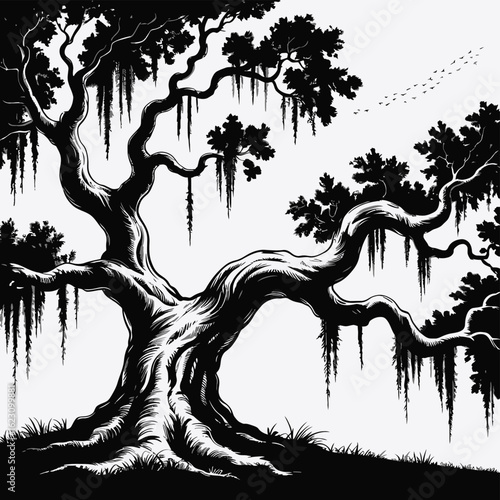Ancient live oak tree with spanish moss in black and white