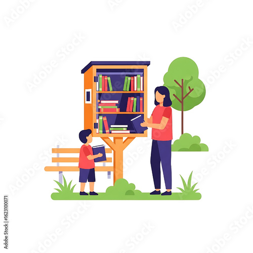 Mother and child choosing books from a little free library in a park, reading concept