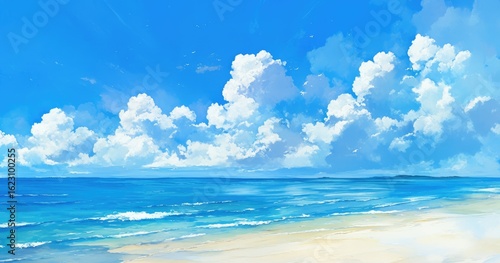 A serene beach scene with vibrant blue skies and fluffy clouds over calm ocean waters.