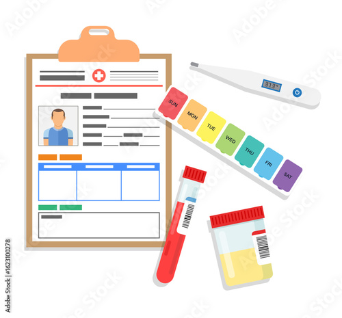 detailed arrangement medical lab samples clipboard featuring patient information thermometer highlighting crucial elements health assessments