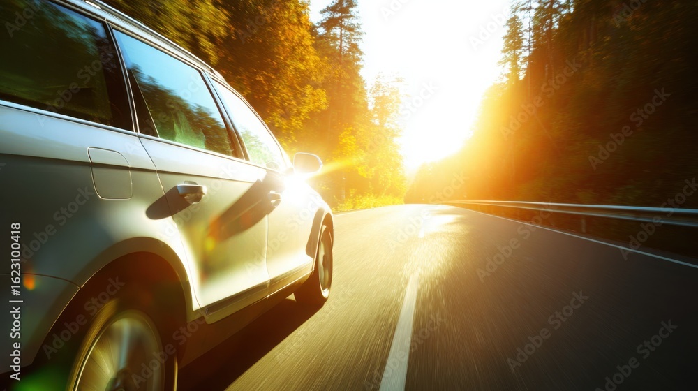 Fototapeta premium A car speeds down a sunlit highway, capturing the essence of freedom and motion.