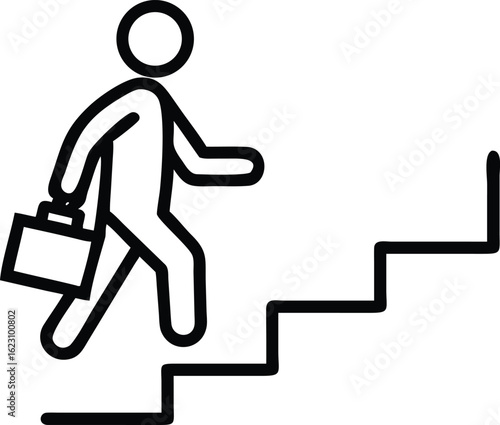 Ascending Success: A minimalist representation of a businessperson ascending a staircase, briefcase in hand, symbolizing ambition, career growth, and striving towards goals.