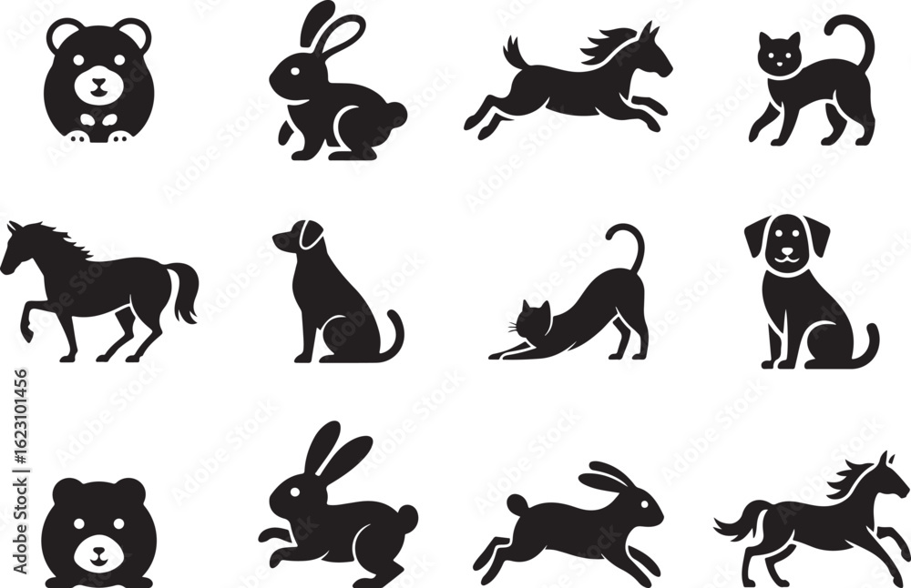 Obraz premium Domestic Animal Silhouette Vector Icon Set – Farm and Pet Animal Clipart in Black, horse, dog, rabbit, cat, bear silhouette icon illustration set.