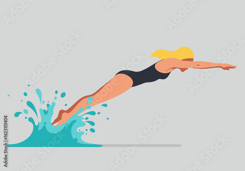 Diver plunges creating splash Streamlined form water dance