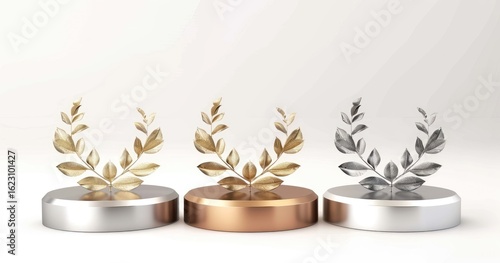 Three trophies with laurel leaves on circular bases representing achievement and competition.