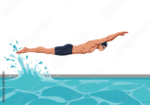 Diver plunges into a pool arms outstretched creating a splash